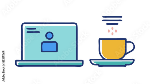 Remote work online meeting with coffee break vector icon for digital nomad lifestyle and productivity