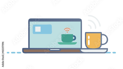 Laptop coffee break illustration for remote work productivity and relaxation vector graphic design