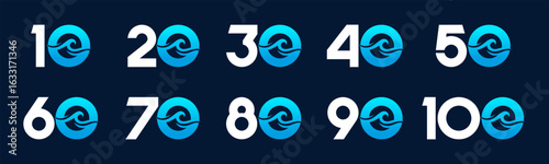 Set of collection numbers 10 to 100 with waves vector illustration. Waves with numbers 10, 20, 30, 40, 50, 60, 70, 80, 90, 100 for greetings, anniversary and more.