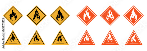 Flammable material warning sign with fire icon. Hazard symbol for safety alert. Danger inflammable liquids, gases, solids. Vector illustration.