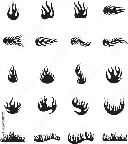 Collection of stylized flame designs; black, graphic, tribal, fire icons.