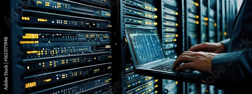A male professional, focused on his work, manages data on a laptop surrounded by rows of glowing servers in a modern data center.