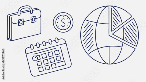Business plan strategy with calendar briefcase coin and global chart for financial success outline design