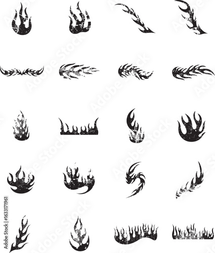 Collection of stylized flame designs; black, graphic, tribal, fire icons.