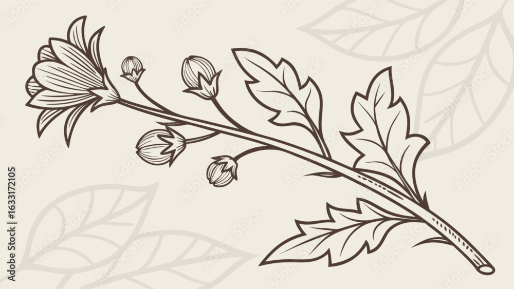 Fototapeta premium Botanical illustration of a flower branch with leaves and buds, perfect for vintagestyle decorations and floral design elements