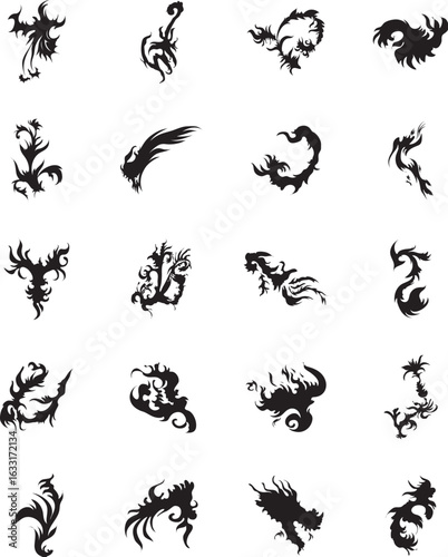 Collection of stylized flame designs; black, graphic, tribal, fire icons.