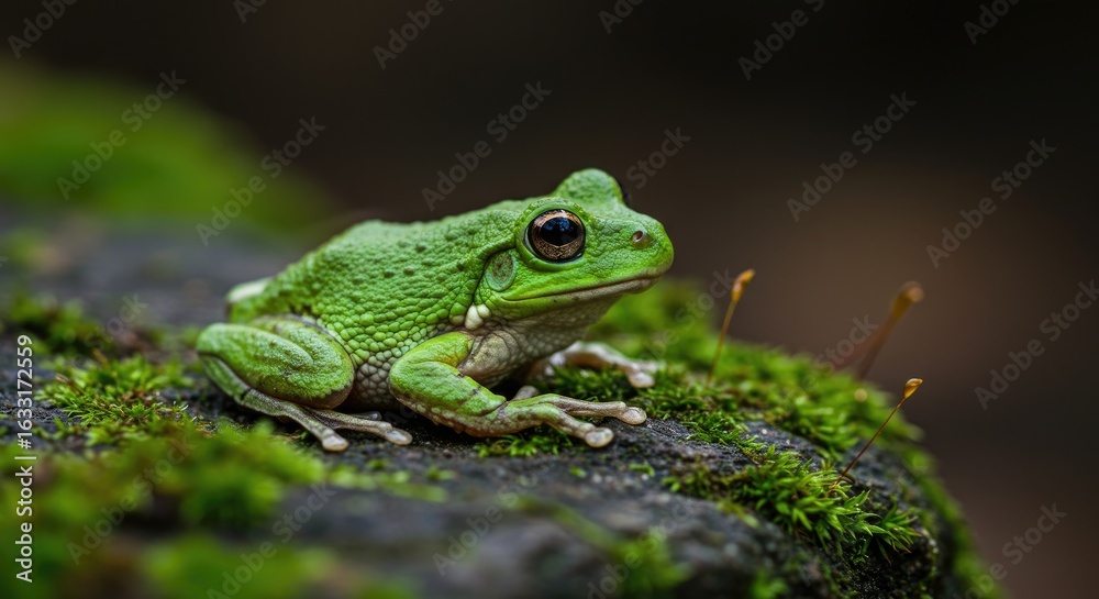 Naklejka premium Close-up of a Vibrant Green Tree Frog on Moss-Covered Rock