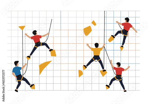 Group of People Indoor Rock Climbing on a Wall with Holds and Safety Harnesses.
