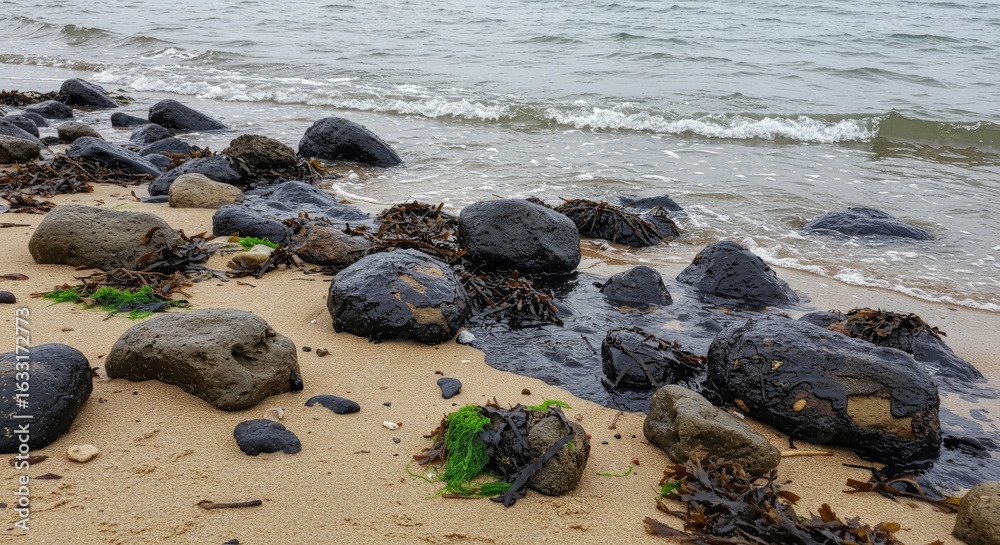 Obraz premium Coastal Pollution: Dark Oil Slick on Beach Rocks and Seaweed.