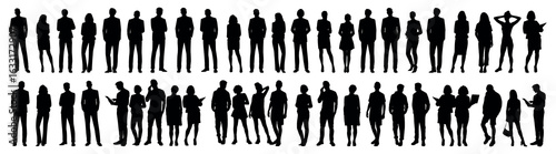 Silhouettes of diverse people in various poses. Business attire, standing, diverse group. Silhouettes emphasize diversity, business, and group dynamics. People silhouettes, vector set.