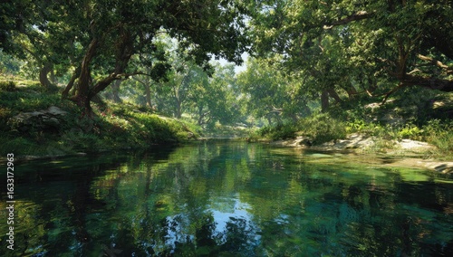 Tranquil forest stream, lush greenery, sunlight, reflection, idyllic nature scene, travel brochure