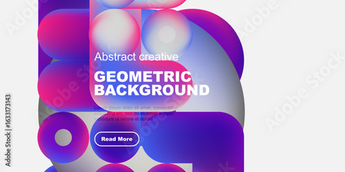 Vibrant abstract shapes form geometric background. Text overlay includes geometric background plus sample text, button visible.