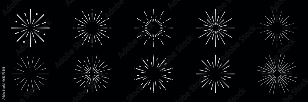 Fototapeta premium Set of 10 abstract starburst designs. Starburst patterns in various styles. Black and white starburst illustrations. Decorative starburst elements. Festive elements, vector set.