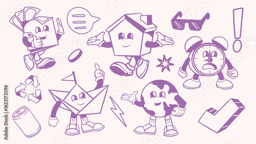 Cartoon characters include a house, globe, clock, and more. Playful, fun, and energetic. Each character is animated and lively, bringing joy and excitement. Cute cartoon elements, vector set.