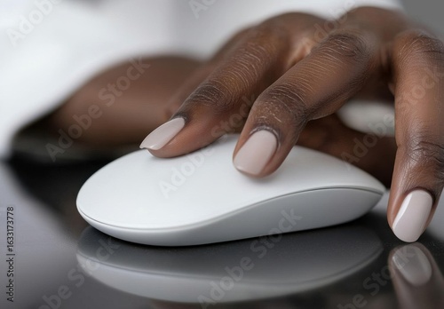 A close-up of a Black woman's hand with neatly manicured nails resting gently on a sleek white computer mouse, reflecting a modern workspace vibe.