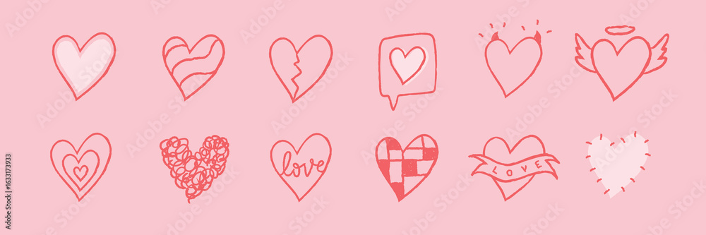 Obraz premium Collection of red heart doodles on pink background. Various heart designs: broken heart, love heart, angel heart. Cute heart illustrations for Valentine's Day. Cute hand drawn love doodle. Vectors.