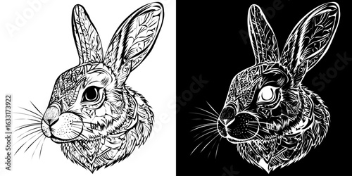Ornate rabbit head illustration with detailed tribal and floral patterns Black and white stylized animal portrait.