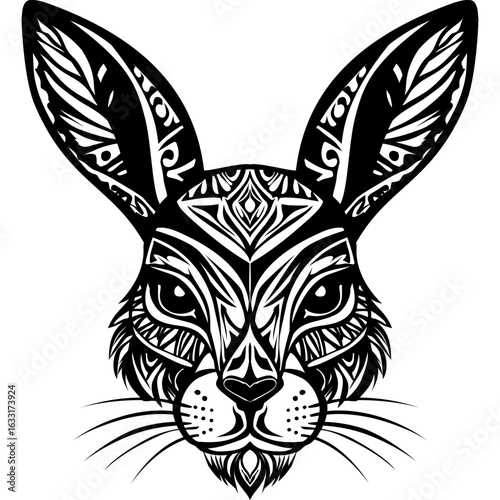 Ornate black and white rabbit head with intricate symmetrical tribal-style patterns.