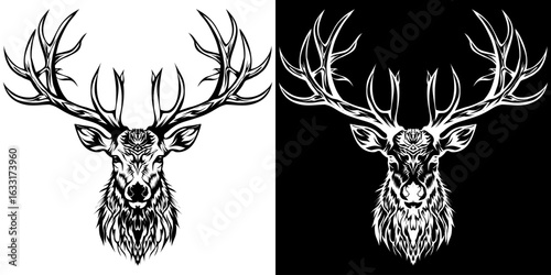 Symmetrical tribal stag head with large ornate antlers in a bold black and white graphic illustration.