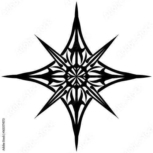 Intricate black eight-pointed star with sharp points and gothic tribal patterns.