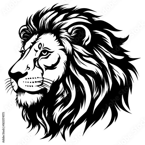 Stylized black and white lion head profile with a majestic flowing mane.