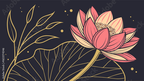 Elegant lotus flower illustration with golden details on a dark background, perfect for spa, wellness, or orientalthemed designs and decorations