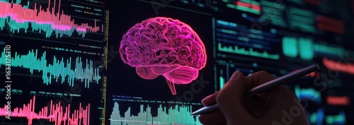 A hand holding a stylus interacts with a digital interface showcasing a colorful brain illustration, representing brain activity and data analysis in a high-tech environment.