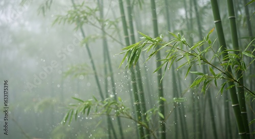 Dreamy bamboo forest in the pouring rain offers a tranquil, soothing escape perfect for wellness brands, nature retreats, and peaceful meditation apps