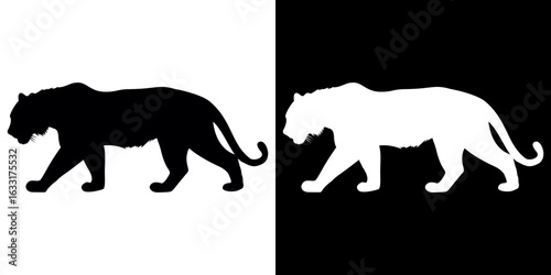 A powerful walking tiger silhouette in profile presented in black and white contrast.