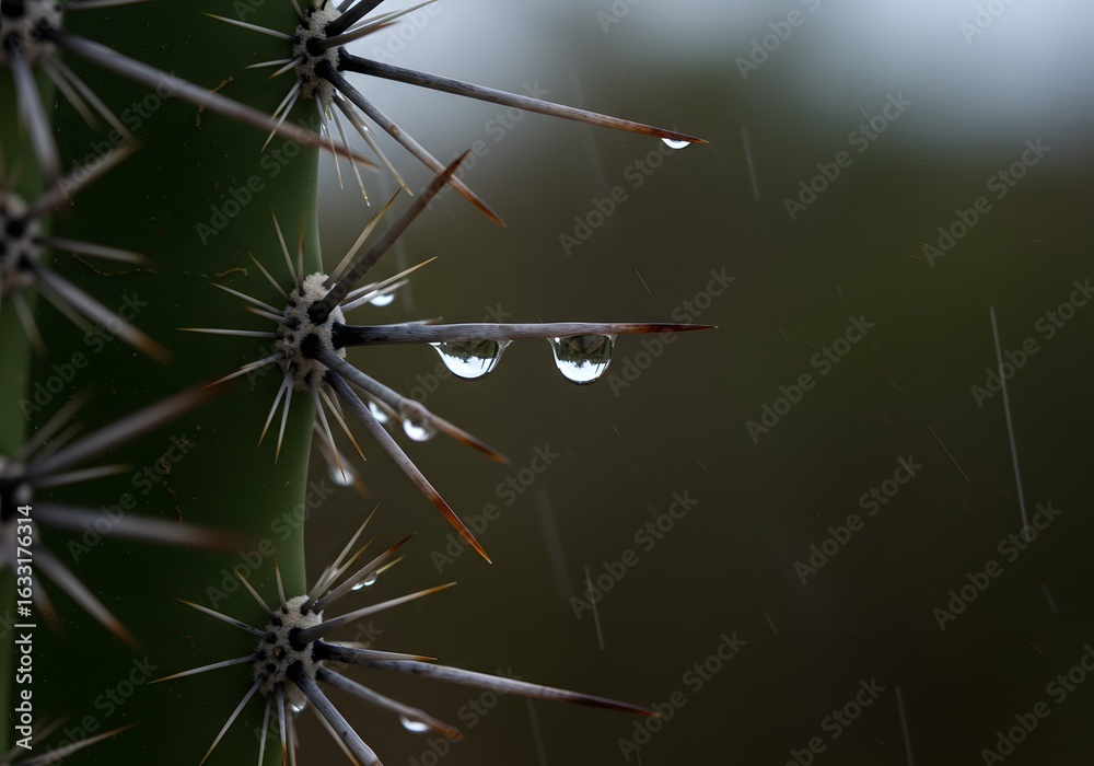Obraz premium Captivating cactus details glistens with refreshing raindrops during a refreshing rain shower, creating a serene and natural desert vibe