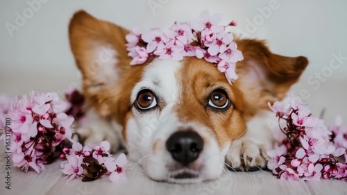 funny smiling dog wearing a floral wreath, perfect for use in pet lifestyle, celebration, or marketing visuals: