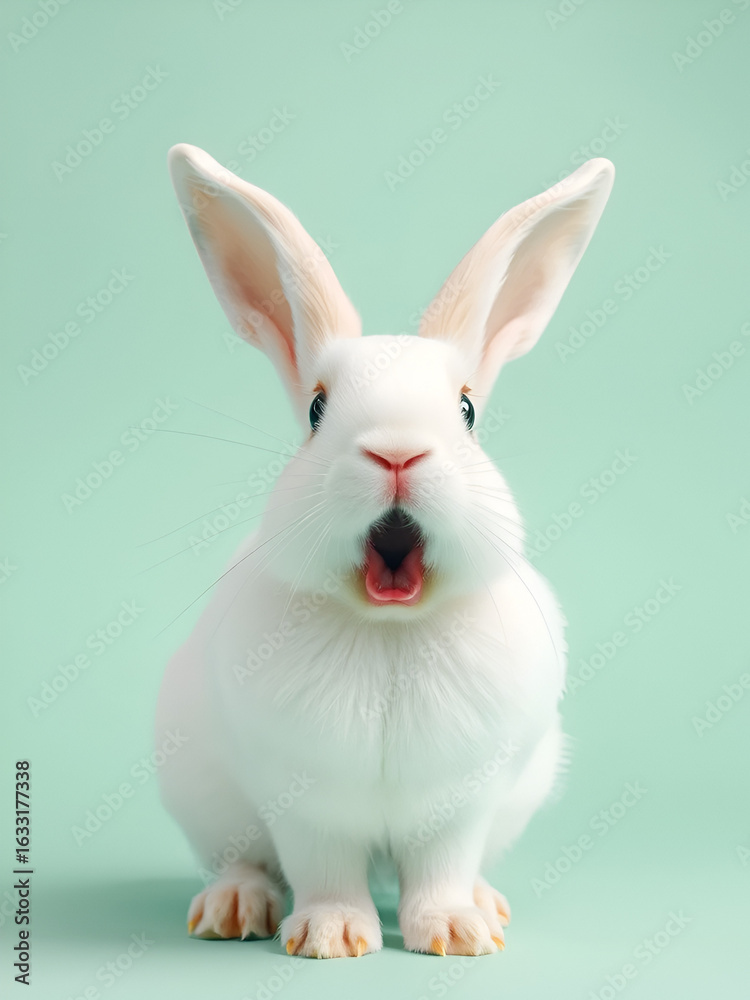 Fototapeta premium shocked white bunny isolated on a mint background