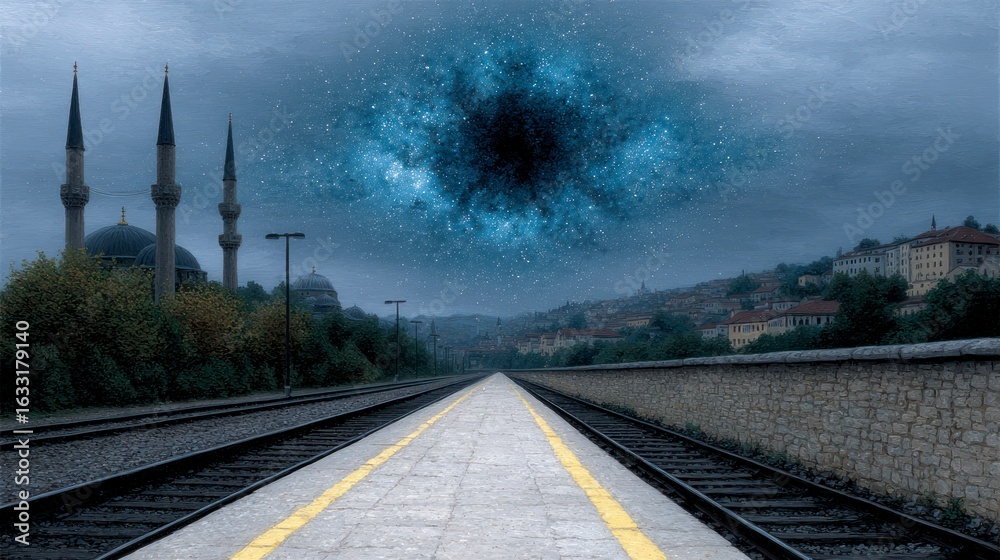 Fototapeta premium Train tracks leading toward a distant city with mosque minarets under a starry night sky