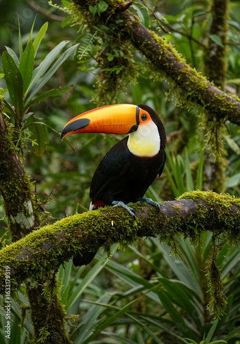 Stunning toucan perched on mossy branch in lush rainforest, a vibrant portrait of exotic wildlife ideal for nature documentaries and travel advertisements
