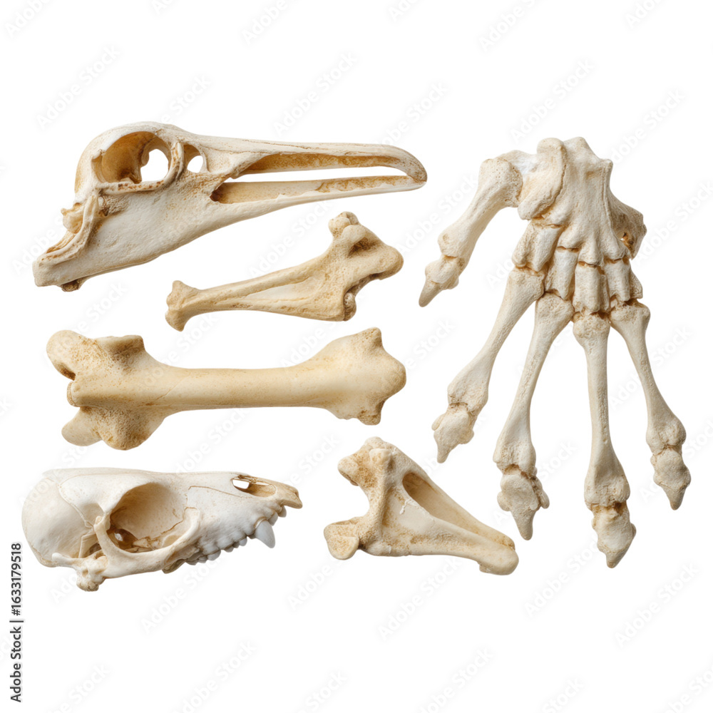 Fototapeta premium Collection of Small Animal Bones Including Bird and Rodent Specimens