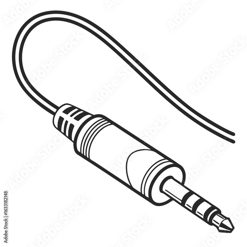 A simple black and white line art illustration of a 3.5mm audio jack plug with an attached cable.