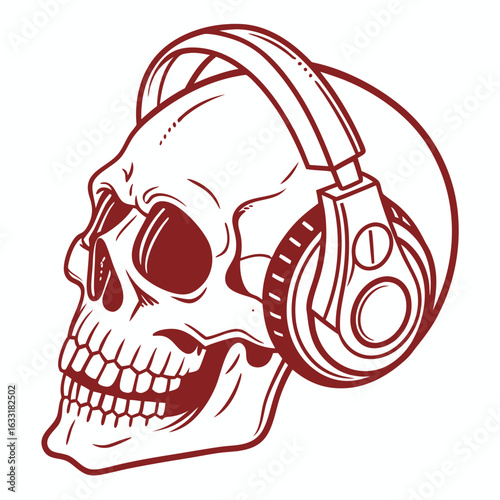 A stylized maroon line art illustration of a human skull wearing large modern headphones.