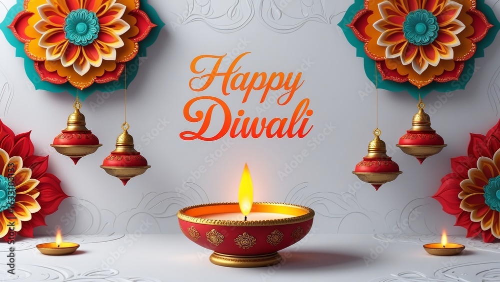 Naklejka premium Happy Diwali greeting card with glowing diya lamp, vibrant mandala floral decorations, and festive hanging oil lamps – AI-Generated