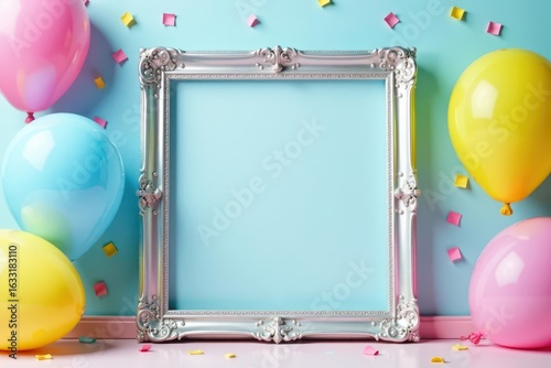 Silver photo frame, rainbow balloons, confetti burst, pastel blue, bright, decoration