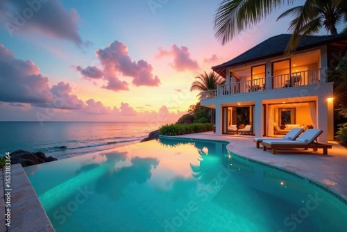 Luxury private pool villa  beach chairs  sunset  tropical  sea
