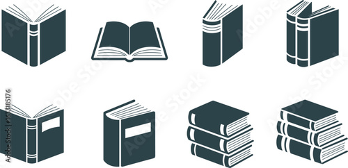 Collection of isometric icons depicting various open and closed books in different orientations