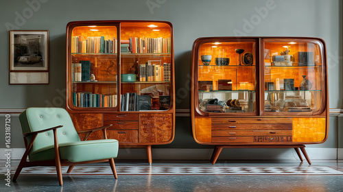 Collection of classic mid century modern wooden cabinets with glass doors and adjustable shelves showcasing a timeless and functional furniture design