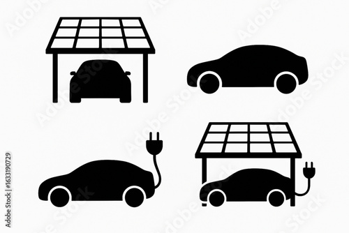 Solar-Powered Carport and Electric Vehicle Silhouettes Vector Set