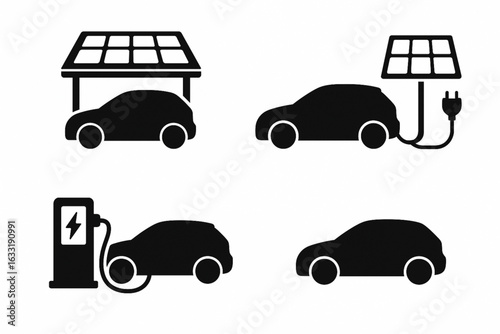 Solar-Powered Carport and Electric Vehicle Silhouettes Vector Set