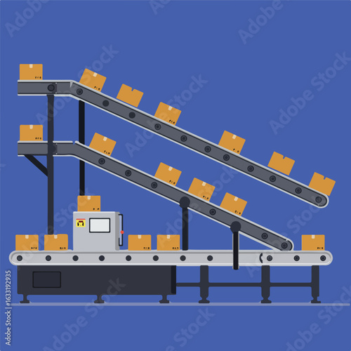 A colorful cartoon illustration depicts a factory conveyor belt system with cardboard boxes on a blue background, showcasing industrial automation.