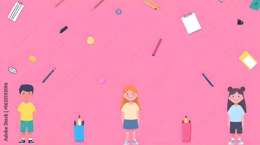 Obraz premium Children with school supplies on a pink background.