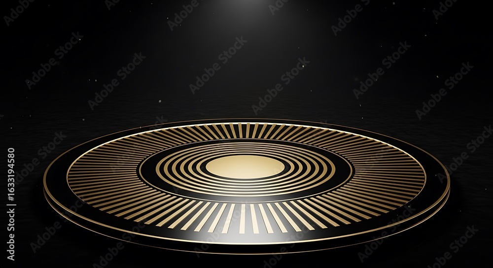 Obraz premium Intricate golden circular pattern illuminated on dark background