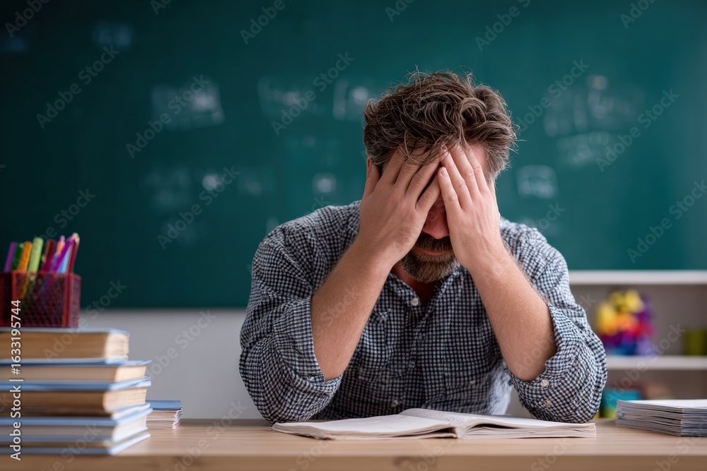 Obraz premium Overwhelmed teacher crying while covering his face with hands, feeling the weight of mistakes and stress in a busy classroom setting