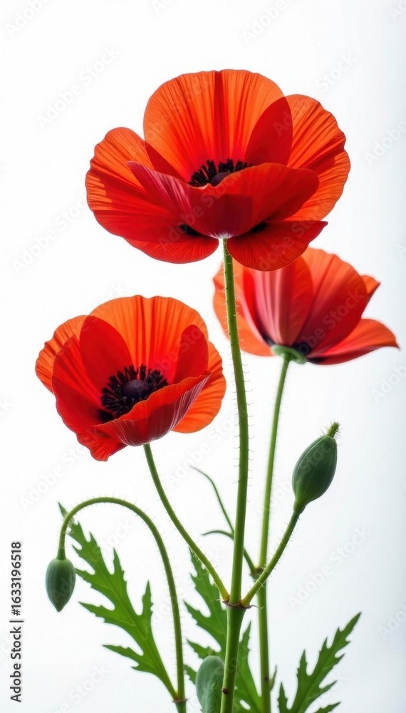 Naklejka premium Vibrant red poppies, delicate petals, stark white backdrop, leaf, graphic, artwork