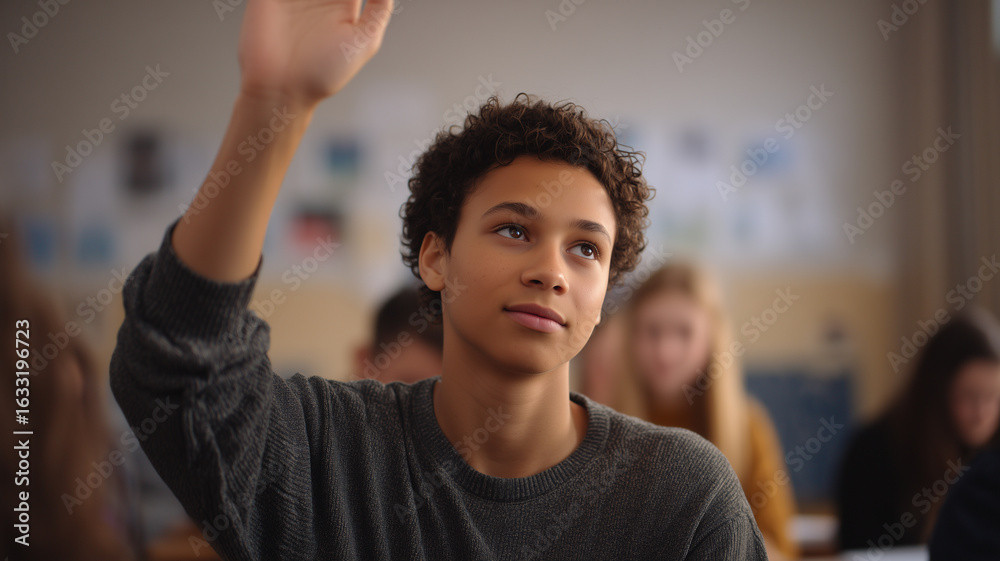 Obraz premium A Teenager with a Raised Hand in Class at High School